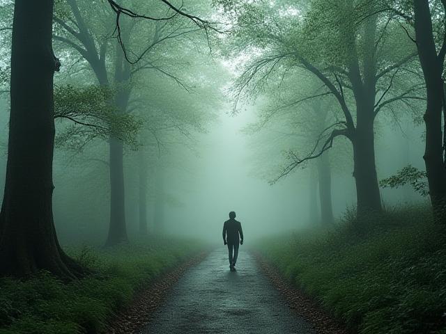 안개 낀 아침 숲길을 평화롭게 걷는 사람